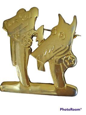 Goldtone Muttley Dog Duo Pin Brooch Terriers Sheriffs Stars Grins 1.5 inches